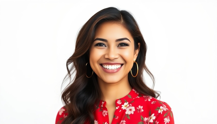 Confident woman smiling in red floral blouse.