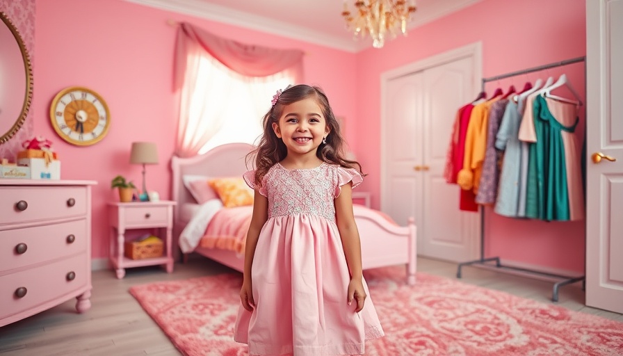 Young girl in a pink dress posing joyfully in a colorful bedroom.