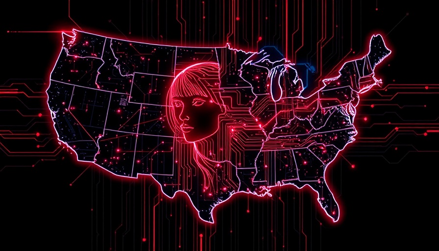Futuristic USA map with digital face and circuits, AI technologies for small businesses.