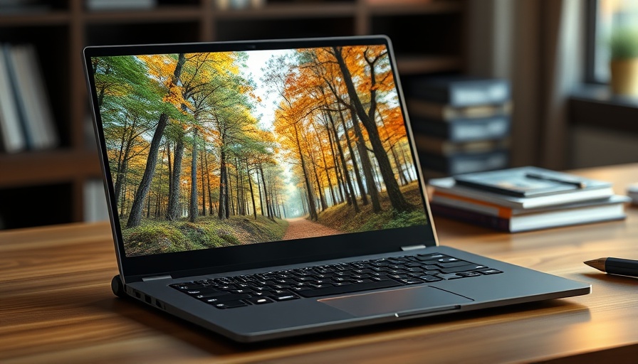 Lenovo rollable laptop showing forest wallpaper on wooden desk.