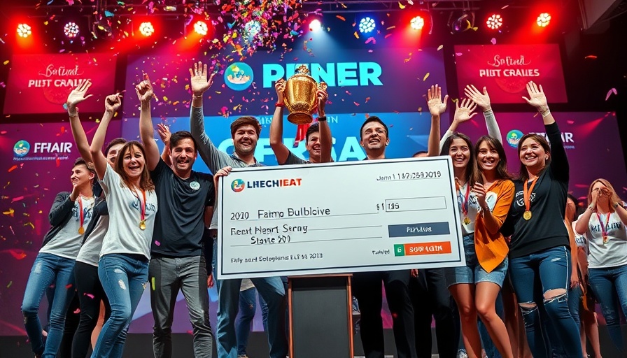 Winners celebrating at Startup Battlefield 200, holding giant check amid confetti.
