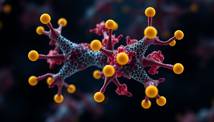Molecular structure of targeted cancer drugs with glowing elements.
