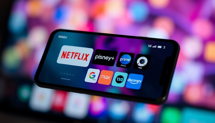 Smartphone screen with streaming apps icons against abstract background, highlighting streaming surpassing broadcast and cable viewing.