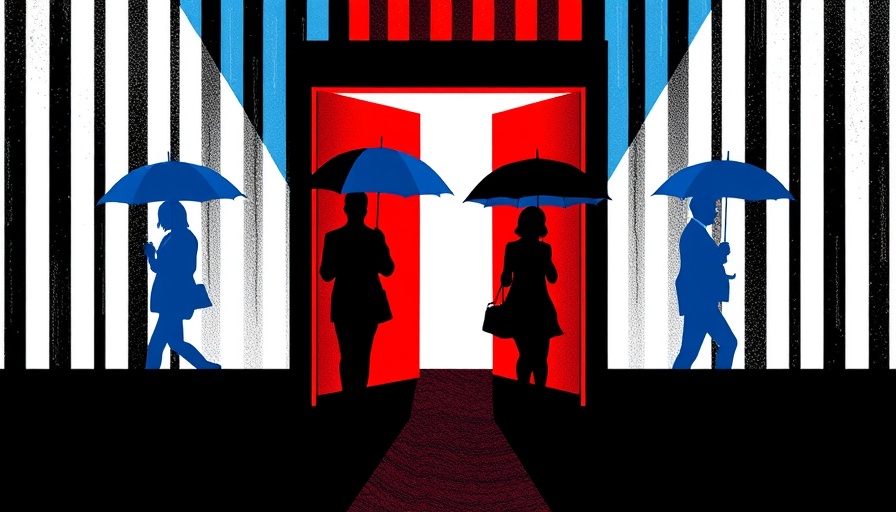 Abstract art depicting people with umbrellas and doors, symbolizing tech layoffs 2025.