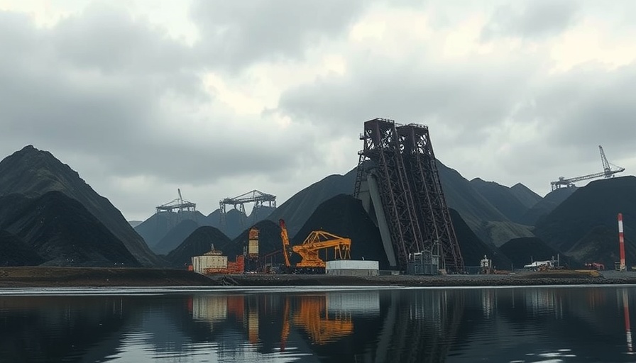 Industrial coal loading facility with coal piles and overcast sky.