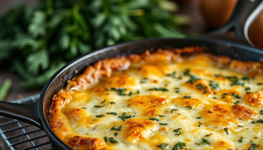 Golden casserole with cheese and herbs in a skillet; quick healthy casseroles