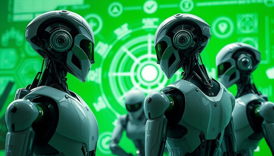 Futuristic robots in green setting illustrating Cisco AI integration for small businesses.