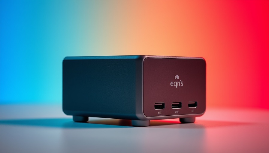 Sleek gray Beelink EQR5 mini PC against vibrant gradient background.