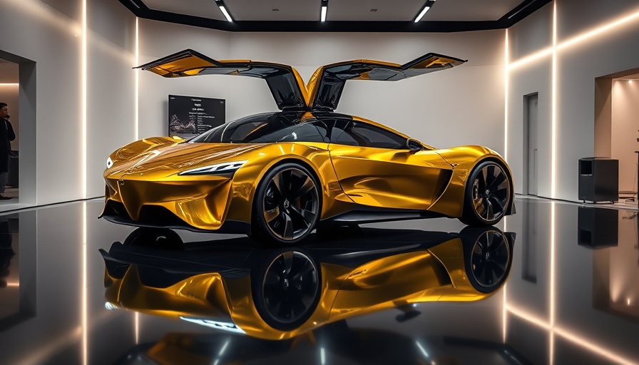Futuristic gold Tesla concept car at a launch event