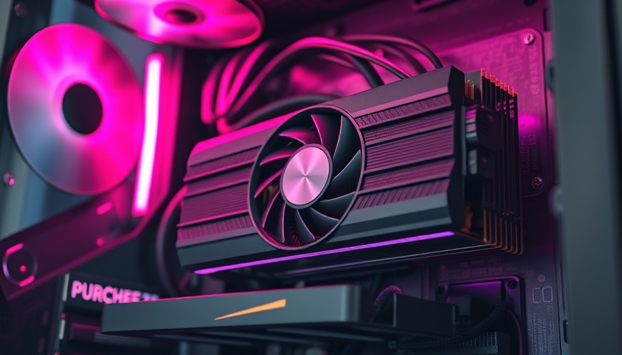 Close-up of a used graphics card in a PC with pink lighting.