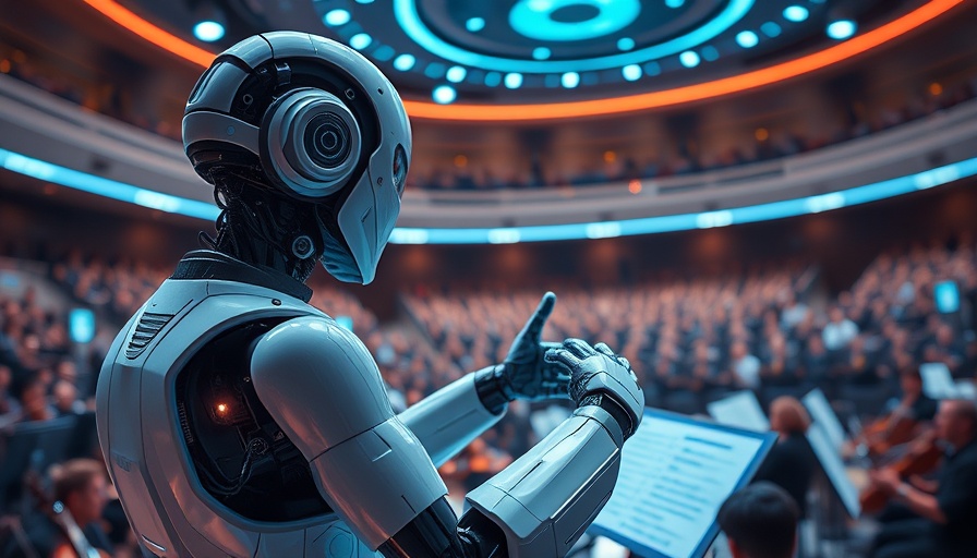 Futuristic AI conductor leading orchestra, deterministic AI composer theme