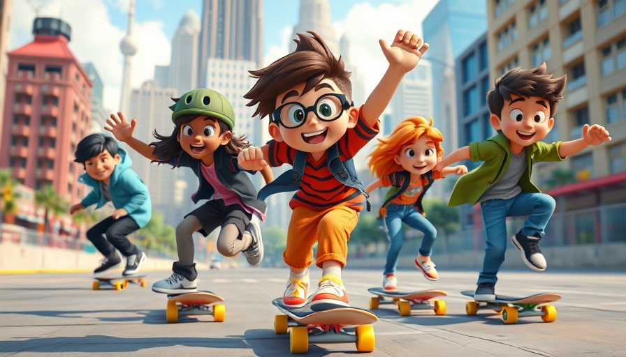Subway Surfers characters skateboarding in vibrant cityscape.