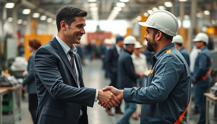 Stellantis CEO and employee shake hands in factory setting.