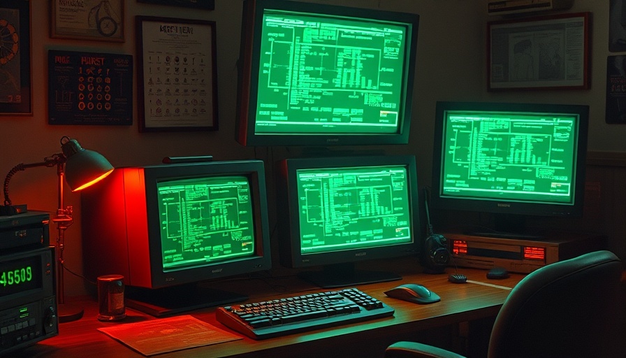 Retro-futuristic PC battlestation with green digital graphics on monitors.
