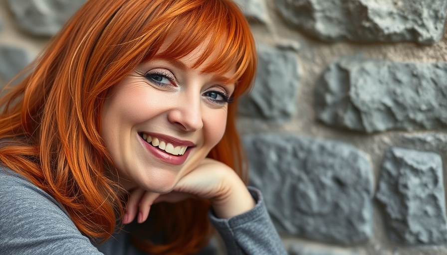 Person with red hair and tattoos against gray background.