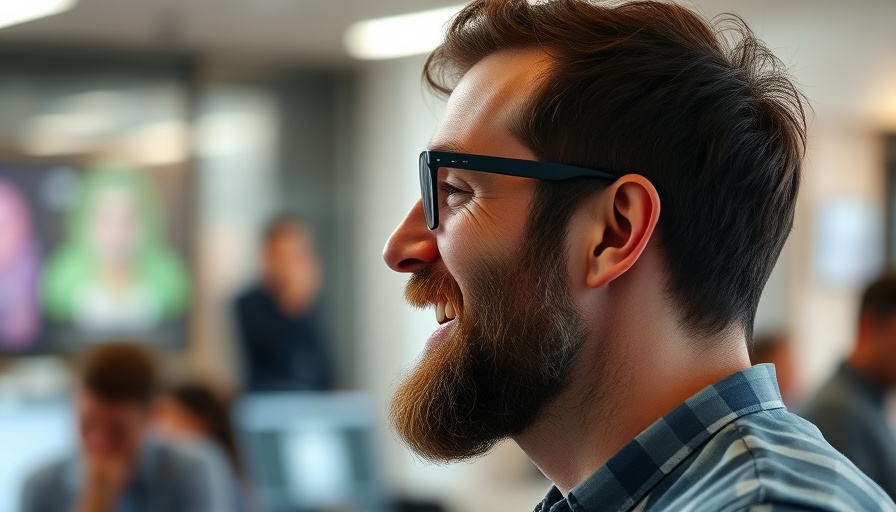 Profile of a bearded man in glasses at a digital-themed event.