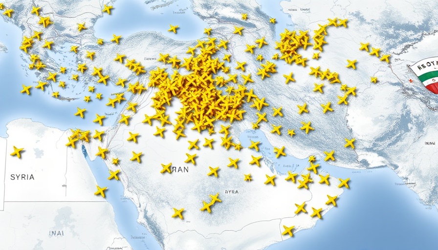 Dense air traffic icons over Middle East, indicating flight congestion.
