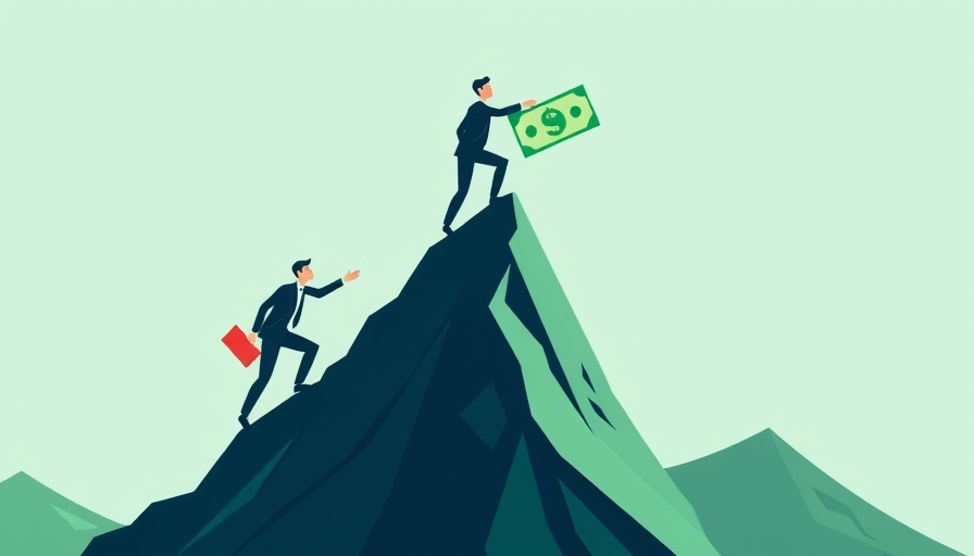 Stylized illustration of business figures climbing a mountain with a dollar bill at the peak, symbolizing AI research funding.