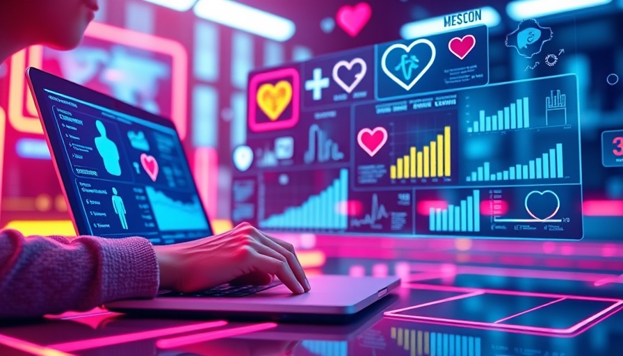 Futuristic digital health solutions visual with a laptop and data.