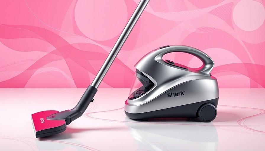 Modern Shark VacMop on an abstract pink background.