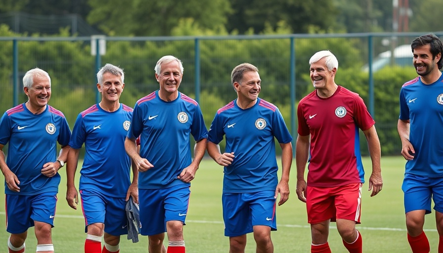 Walking Football Scotland team posing happily on sports field.