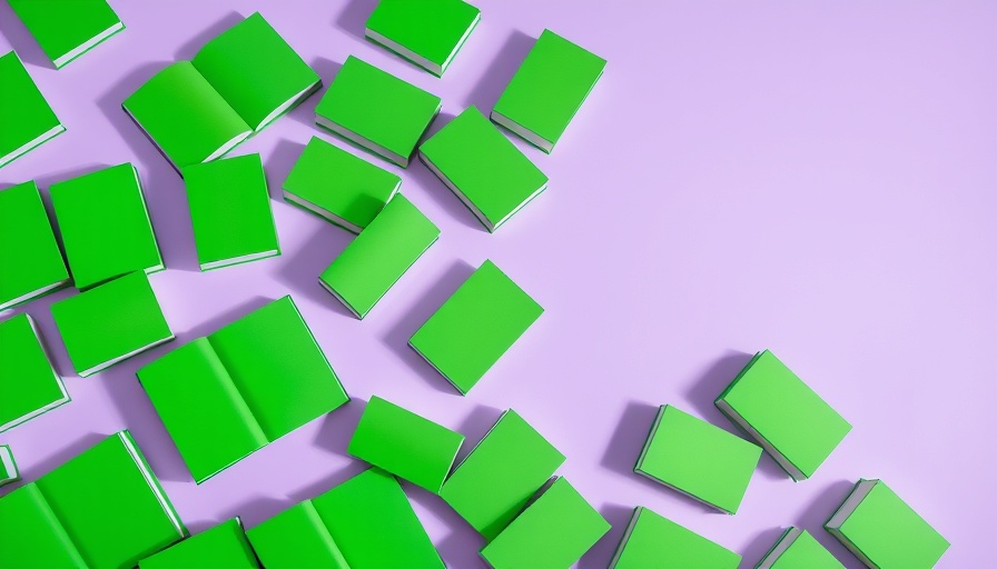 Bright green books on purple background, symbolizing AI writing tools.