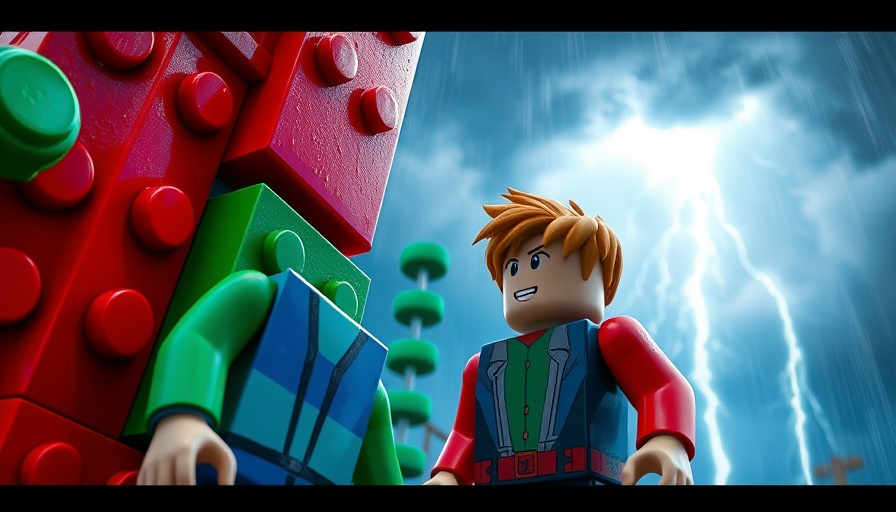 Roblox player observing a Lego-like structure in a storm.