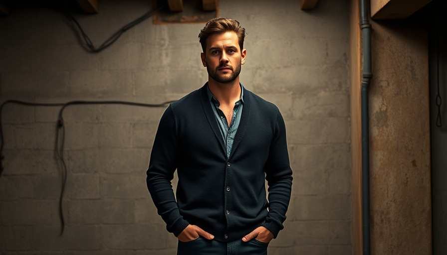 Confident man in black cardigan standing by a textured wall.