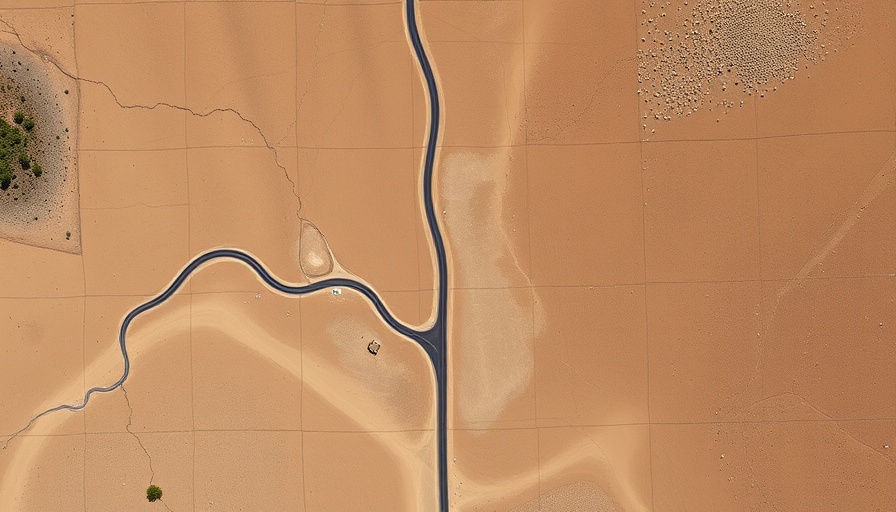 Aerial view of deserted landscape with road and structure, related to cyberattacks from Iran.
