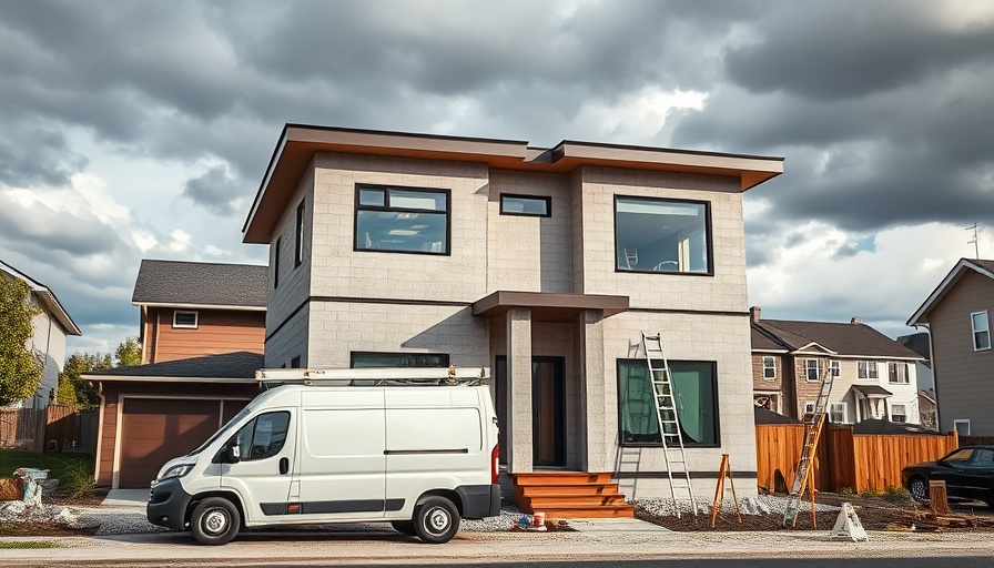 New home under construction with van and building materials.