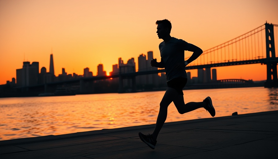 Silhouette of person jogging at sunset with city bridge.