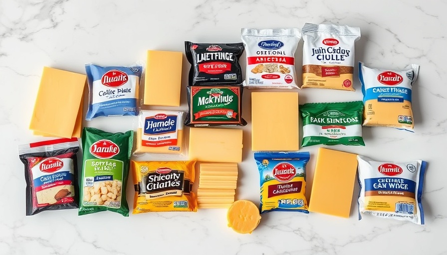 Assorted brands of American cheese slices on marble.