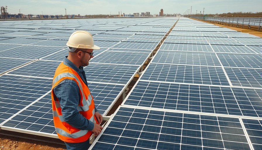 Worker inspecting solar panels at a clean energy site.