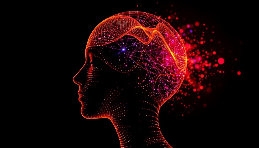 Abstract silhouette of AI represented by vibrant digital waveforms.