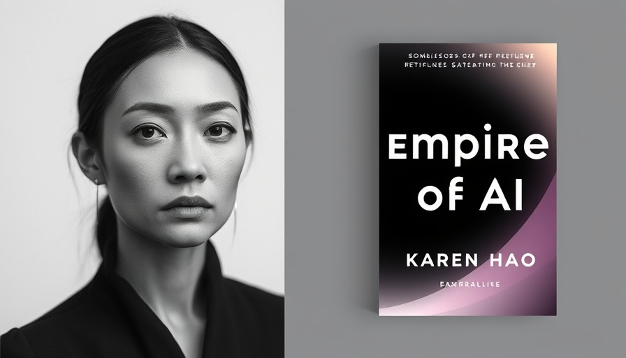Portrait of woman with 'Empire of AI' book cover, illustrating AI impact on small businesses.
