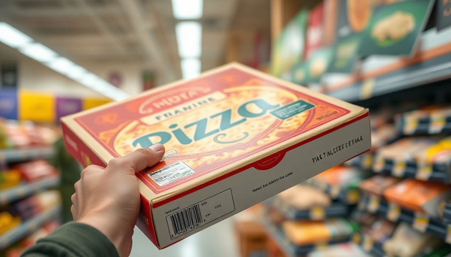 A hand holds a pizza box in a grocery store focusing on zero-based budgeting for families.