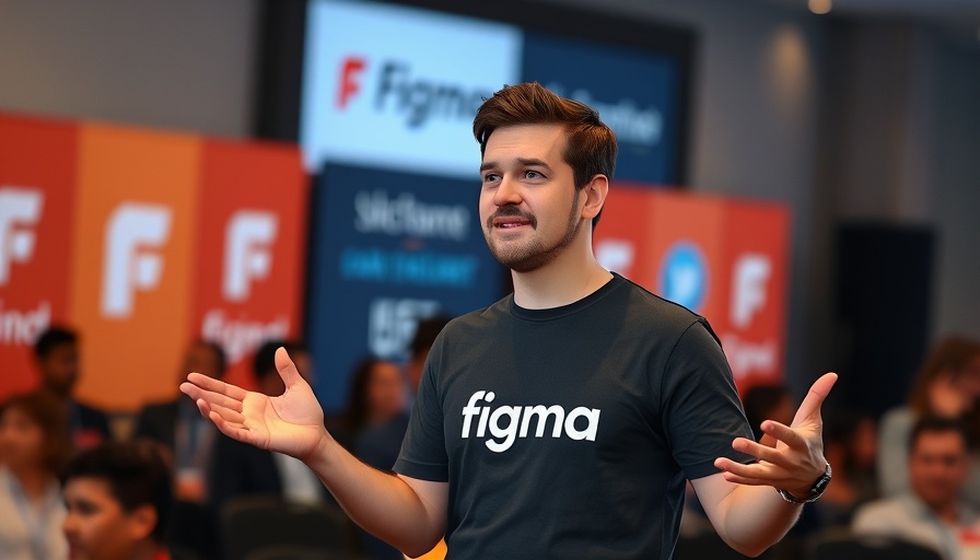 Presenter in Figma shirt discussing at tech event, engaging audience.