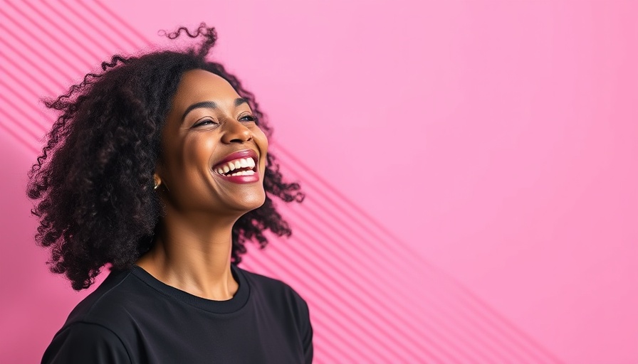 Cheerful woman smiling against pink geometric background