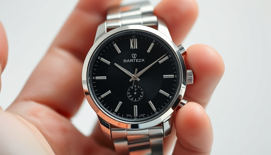 Luxury silver wristwatch with dark face held in hand, elegant design.