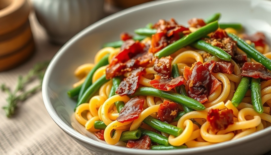 Fusilli with green beans and pancetta in a bowl.
