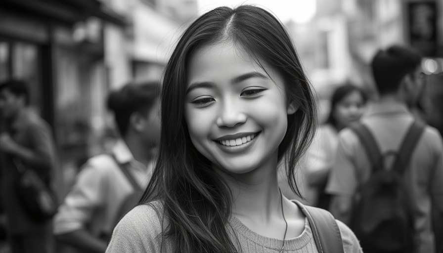 Monochrome portrait of smiling woman in a casual setting