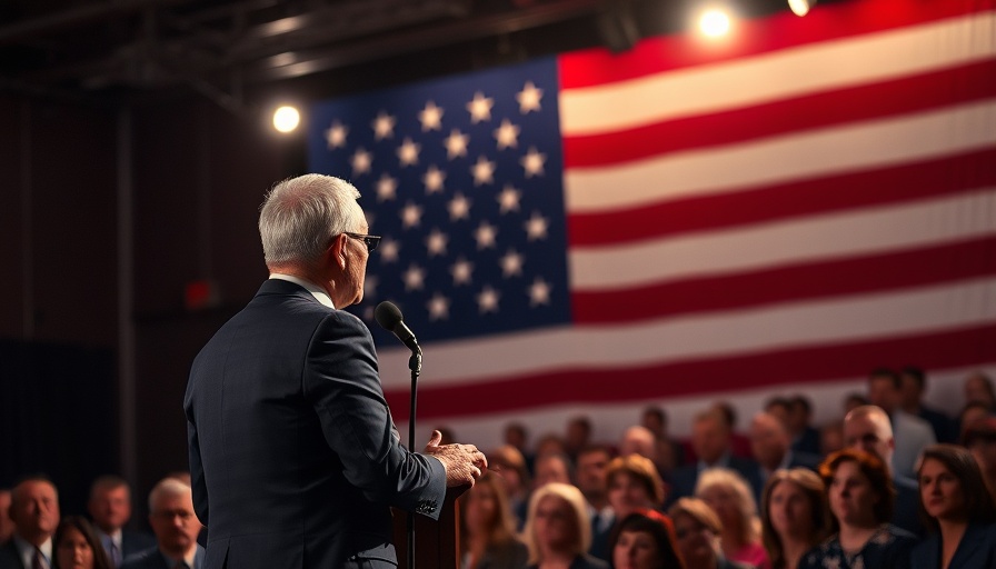 Speaker at event with American flag backdrop, addressing audience.
