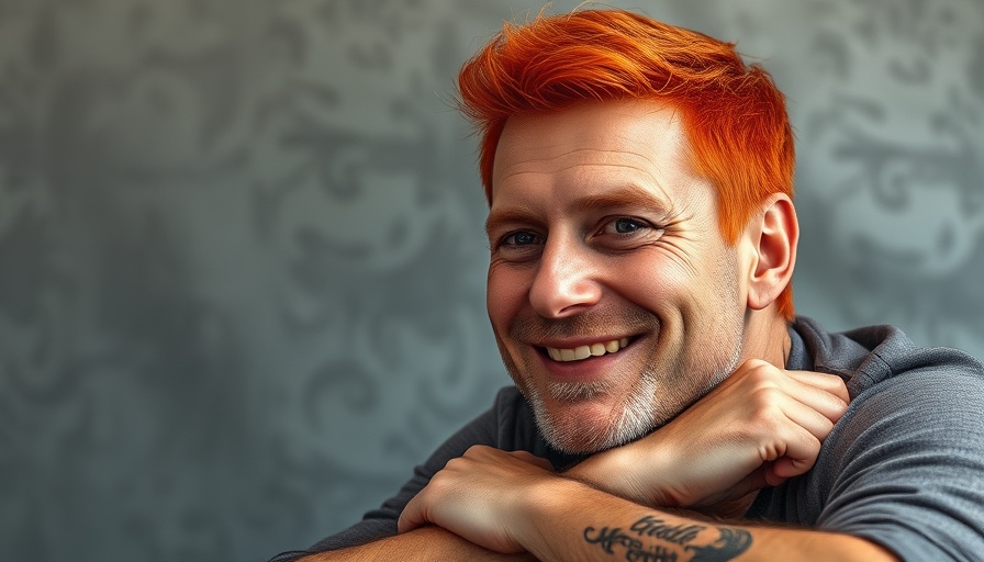Man with red hair and tattoos smiling in an indoor setting.