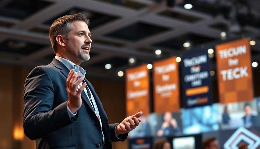 Confident speaker at a tech conference discussing Future of Enterprise Software with Agentic AI.