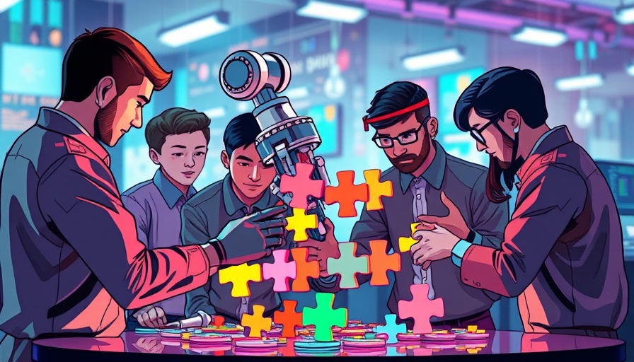 Adaptive production in small businesses concept with puzzle pieces and robotic arm.