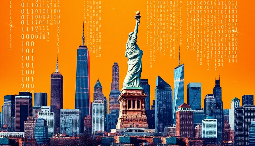 Collage of Statue of Liberty with skyscrapers and binary, symbolizing future AI in small business.