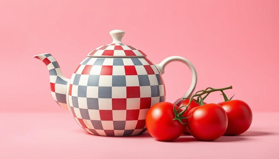 Vibrant checkered teapot with tomatoes at MacKenzie-Childs Barn Sale