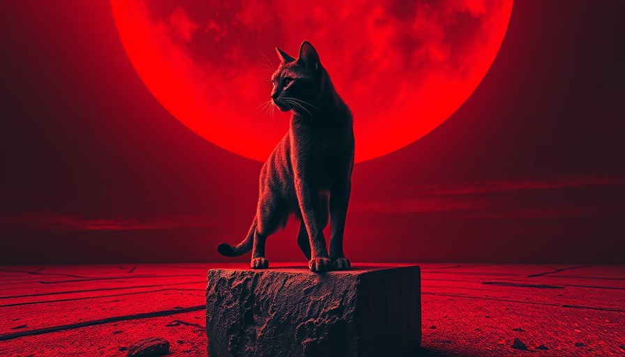 Surreal cat on a concrete slab with red sky background.