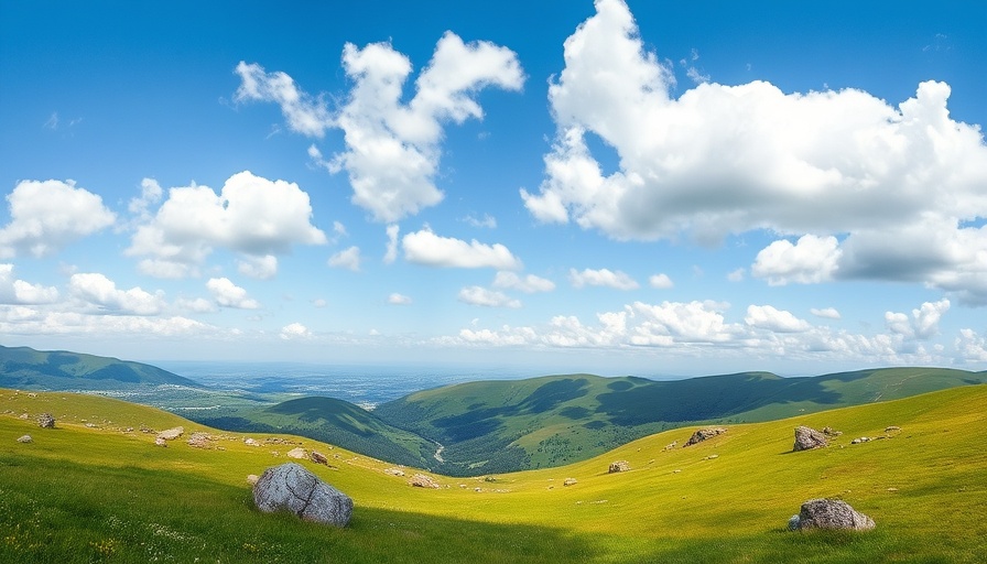 Scenic view of Scotland's UNESCO Trail with rolling hills and rocks.