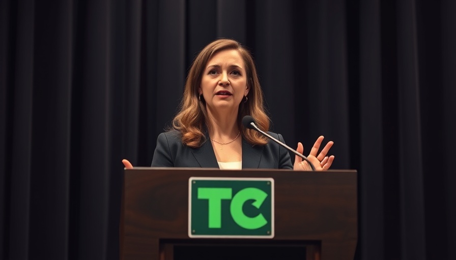 Confident woman presenting at tech event podium, perfect pitch for founders.